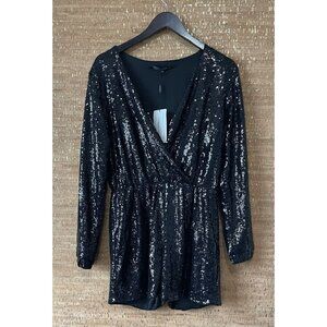 V-Neck Black Sequin Long Sleeve Romper Jumpsuit Shimmery Plus Size XXL